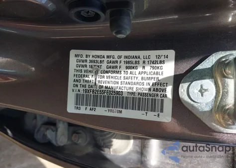 2015 Honda Civic Lx из США, поврежденный, VIN 19XFB2E55FE025903